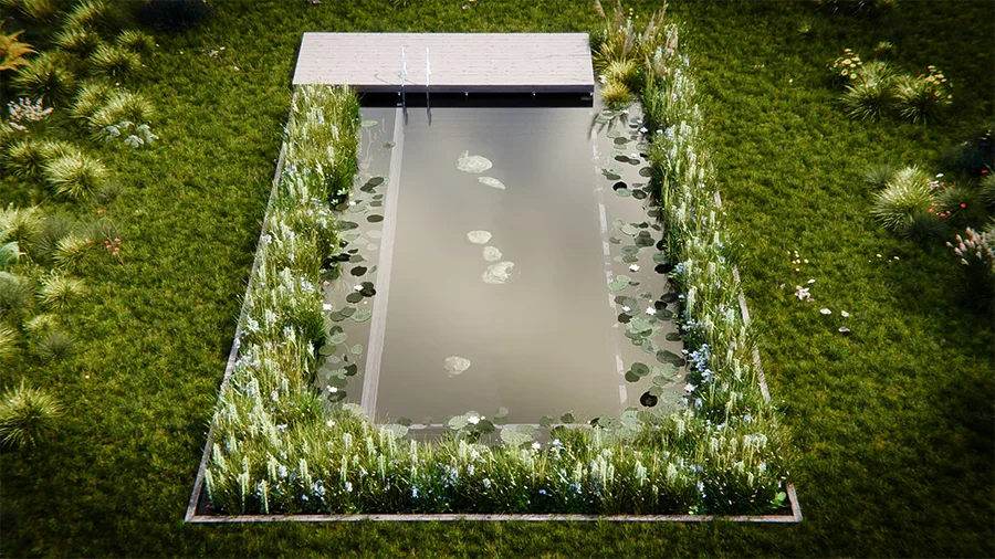 Modell eines Schwimmteichs Neptuns Oase mit Holzteichrand